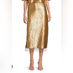 NWT Le’ AL.X Gold Sequin Midi Skirt with Sheer Hem. Sz 6